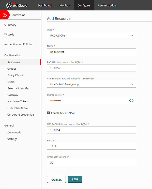 Screenshot of authpoint, Add Radius Client Resource